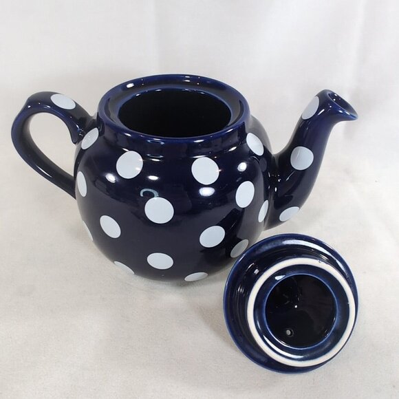 London Pottery Navy Blue White Polka Dot Teapot Lid Ceramic Dot Globe 6 Cup Tea - Picture 6 of 12
